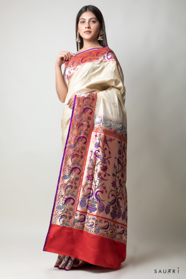Handwoven cream colour paithani silk saree